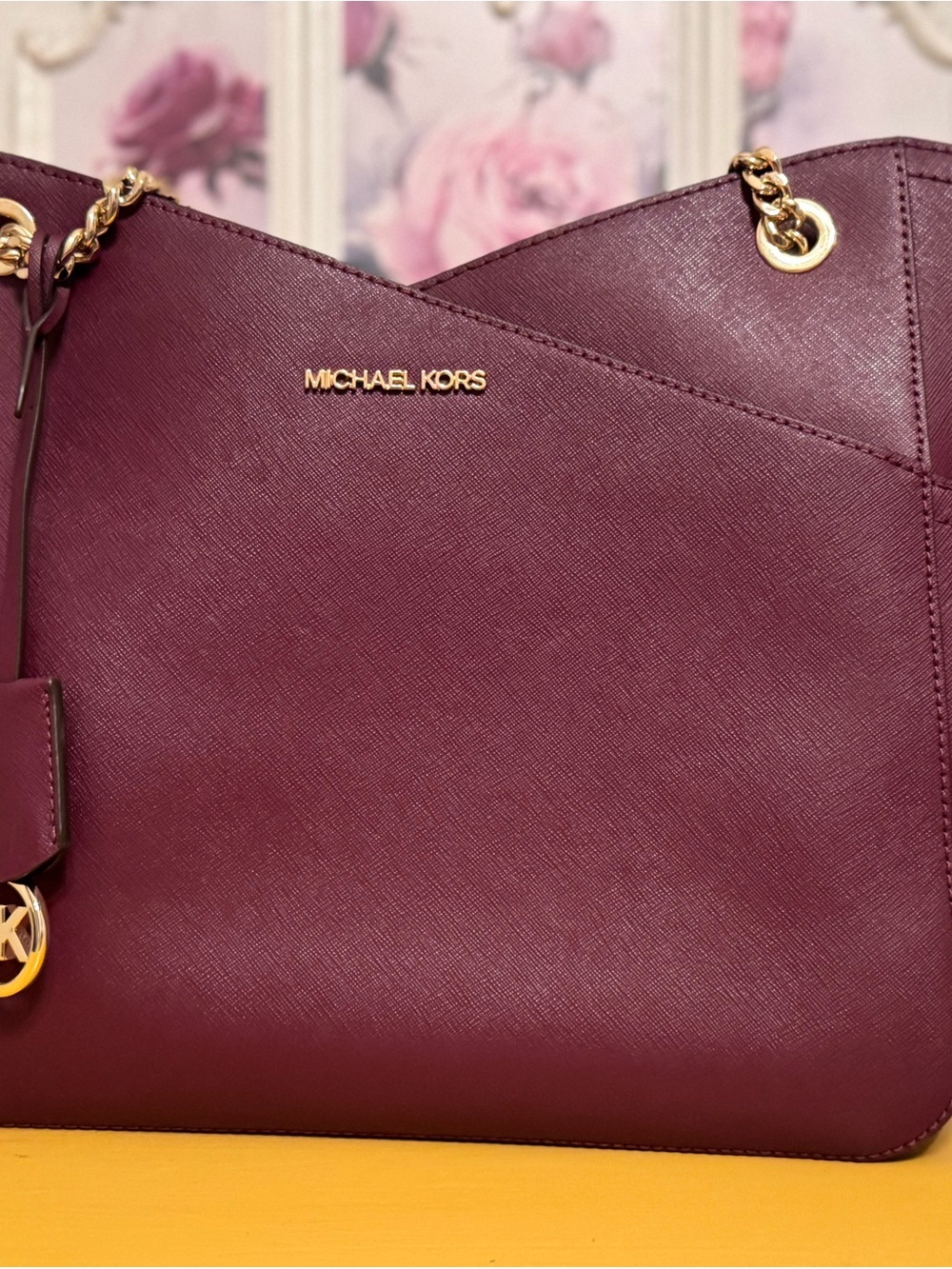 Michael Kors Saffiano Tote in Deep Burgundy with Gold Hardware